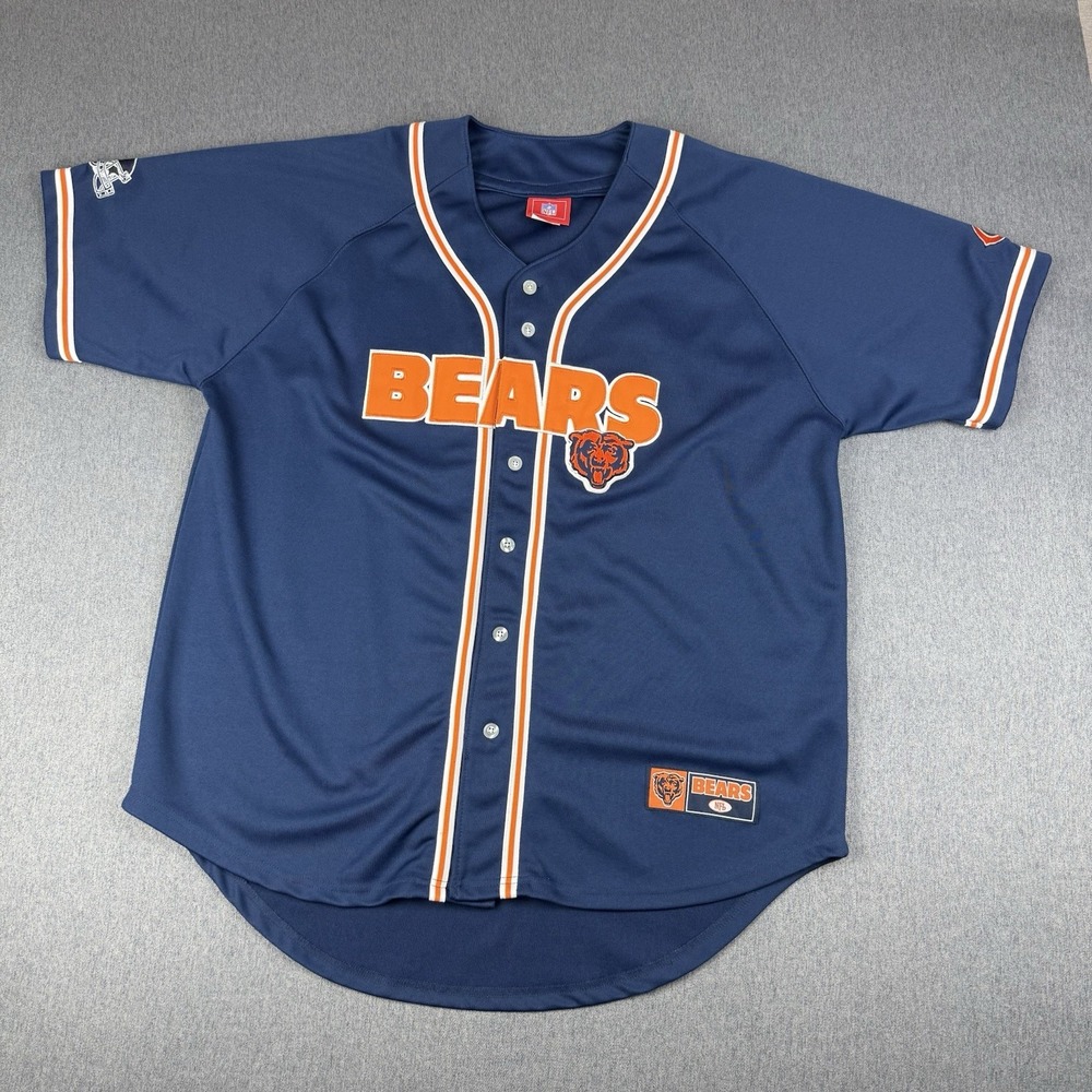 Vintage Y2K NFL Chicago Bears Mens XL Button Down Baseball Jersey Navy Orange
